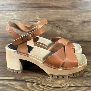 Swedish Hasbeens Brown Leather Block Heel Sandals Women’s Size 6.5 (37) Shoes